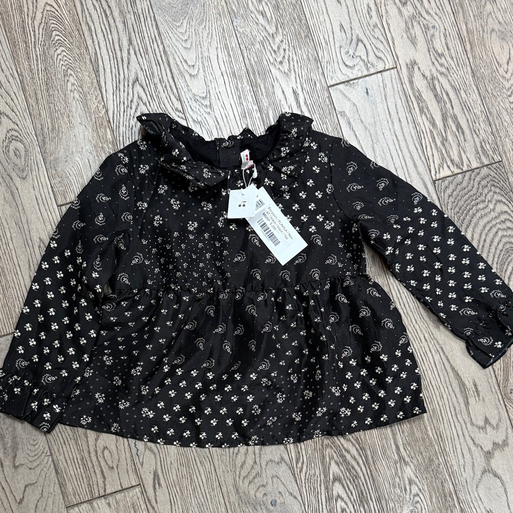 NWT Bonpoint Black Floral Long Sleeve 100% Silk Flavila Blouse